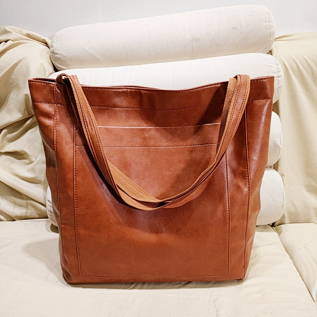 Vintage PU Leather Tote Bag - Stylish and Spacious Everyday Shoulder Bag  (darker brown) Main image