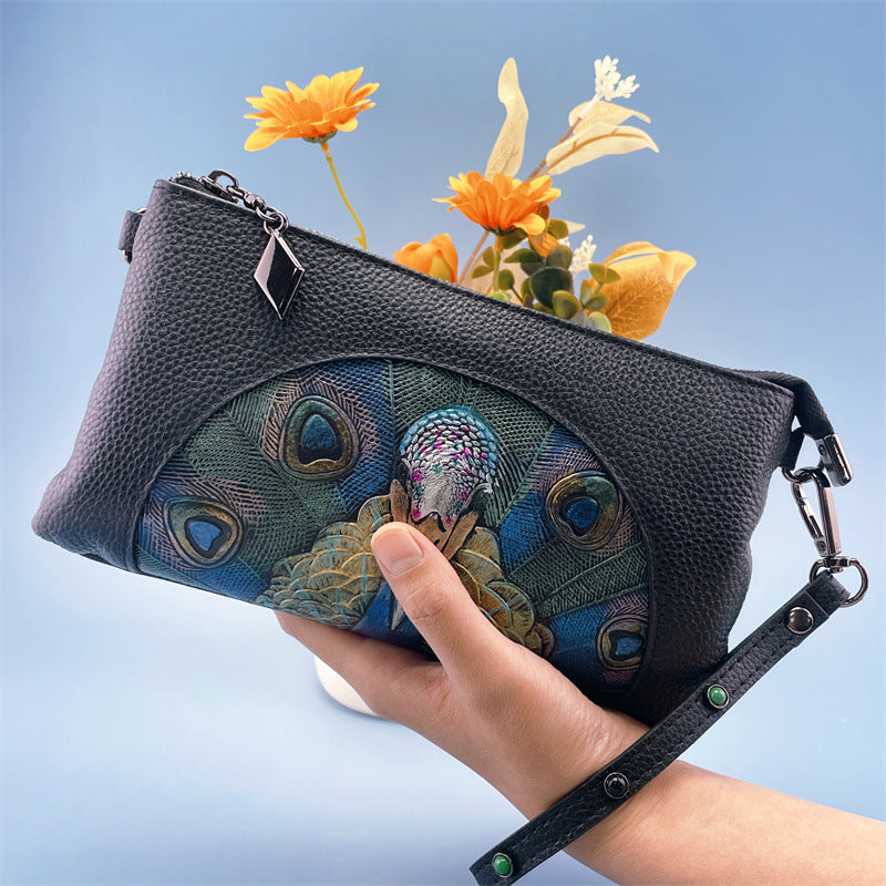 Women's Embossed Peacock Leather Wristlet Clutch - Elegant and Artistic Handbag 23*12*2cm Secondary image