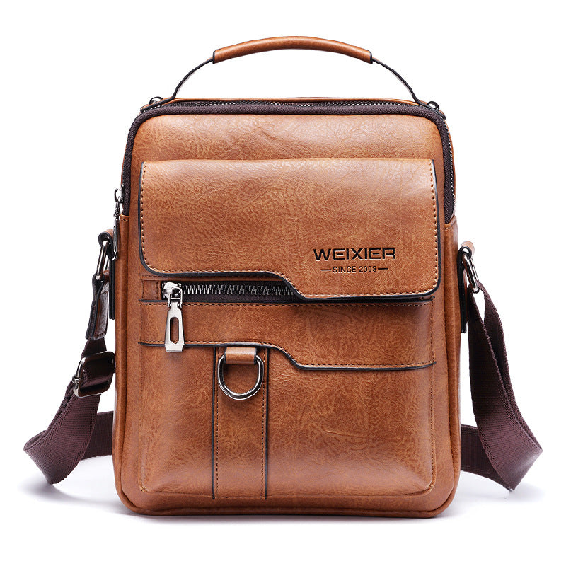 Men's Vintage Leather Shoulder Bag - Multi-Compartment Crossbody Messenger Bag 22cm(L)*8cm(W)*26cm(H)(Light brown) Main image