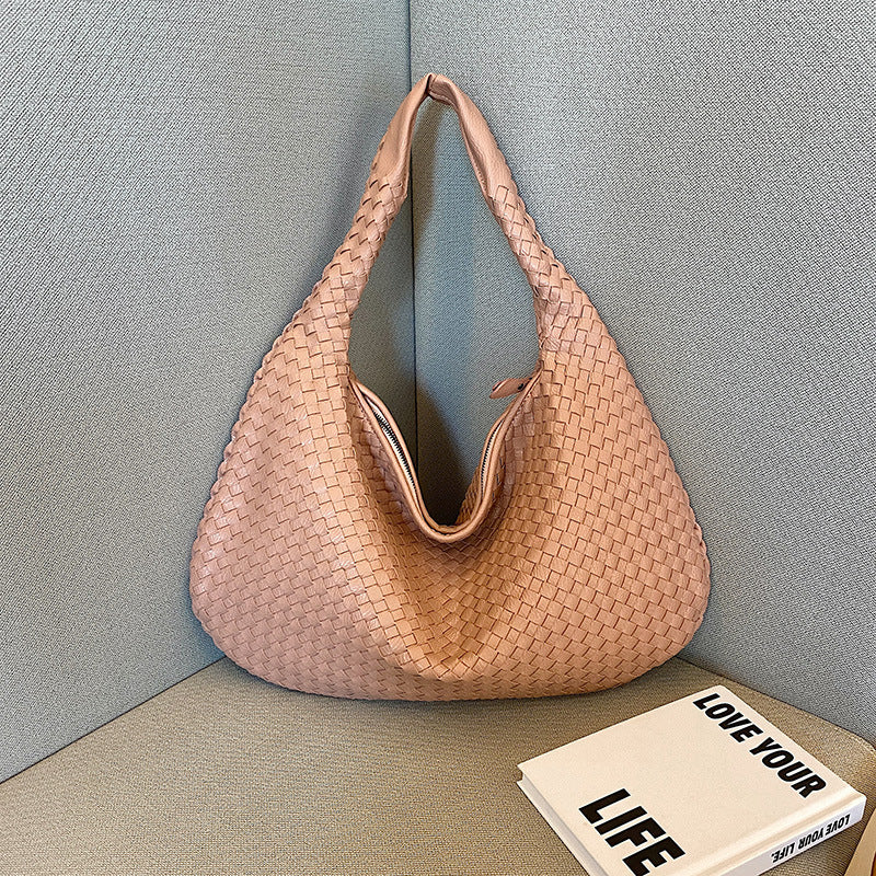 Elegant Woven PU Leather Hobo Bag - Soft Shoulder Tote 47*32cm (Pink) Main image