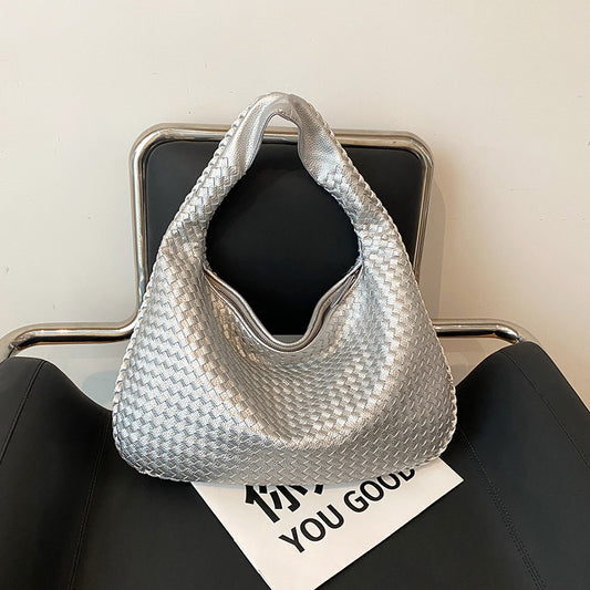 Elegant Woven PU Leather Hobo Bag - Soft Shoulder Tote 47*32cm (Silver)