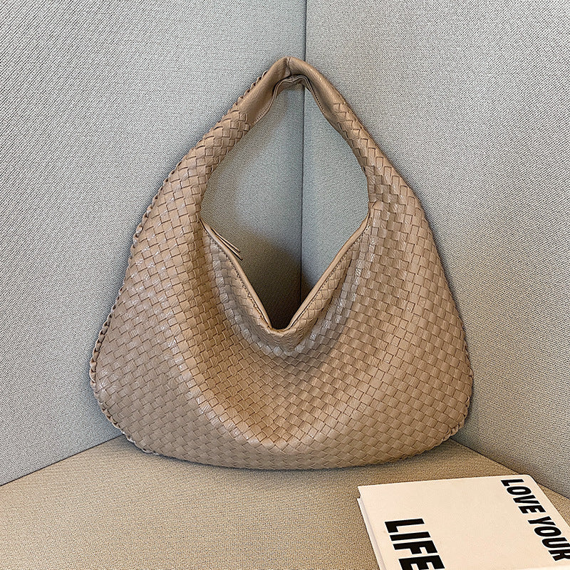 Elegant Woven PU Leather Hobo Bag - Soft Shoulder Tote 47*32cm (khaki) Main image