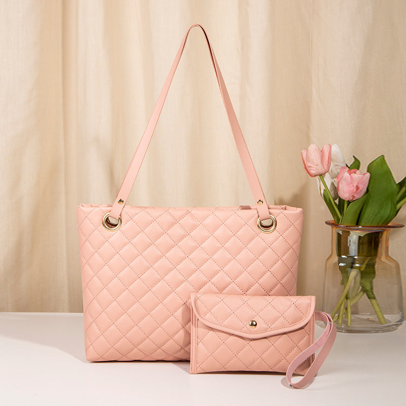Elegant Quilted Tote Bag with Matching Clutch in Soft Pink Main image