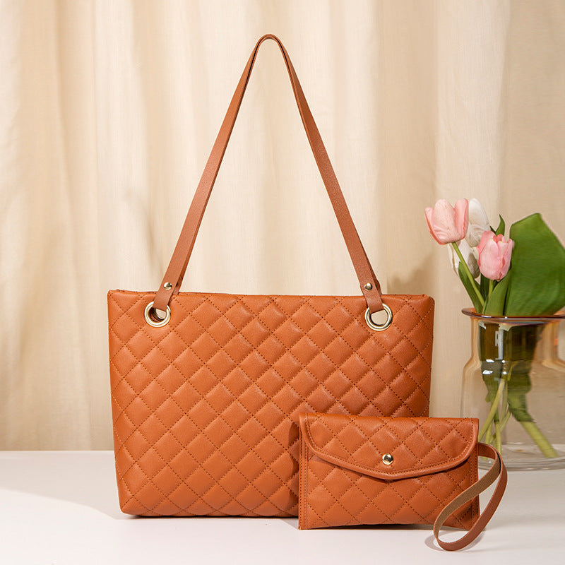 Elegant Quilted Tote Bag with Matching Clutch in  Brown Main image