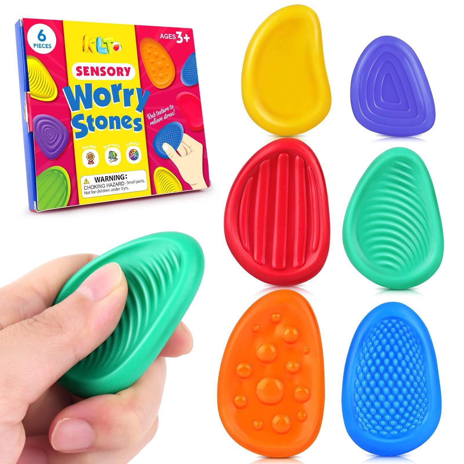 Sensory Worry Stones for Kids | 6-Piece Fidget Stress Relief Set for Ages 3+(2 set, 12PCS in total) Main image