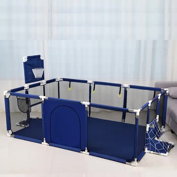 Large Kids Playpen with Basketball Hoop & Soccer Goal - 74x50 inches Baby Safety Activity Center, Indoor & Outdoor Play Yard (Blue) Main image