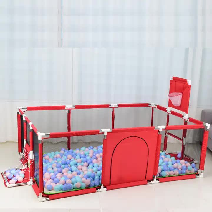 Large Kids Playpen with Basketball Hoop & Soccer Goal - 74x50 inches Baby Safety Activity Center, Indoor & Outdoor Play Yard (Red) Main image
