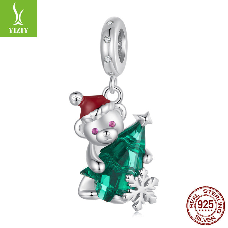 Sterling Silver Santa Bear Pendant - Holiday Pendant with Green Christmas Tree and Santa Hat Design(weighs approximately 2.8g) Main image