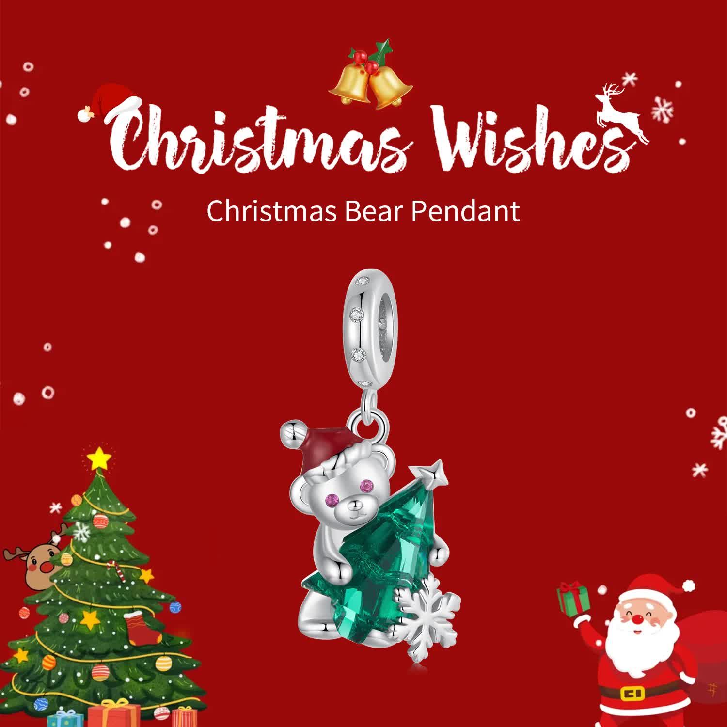 Sterling Silver Santa Bear Pendant - Holiday Pendant with Green Christmas Tree and Santa Hat Design(weighs approximately 2.8g) Secondary image