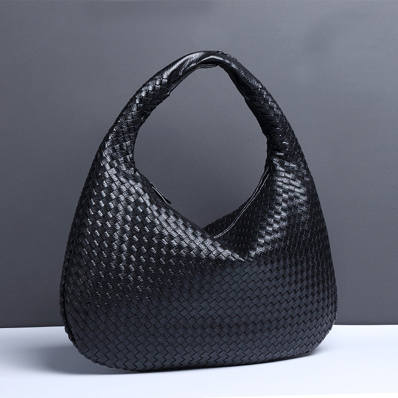 Black Elegant Woven PU Leather Hobo Bag - Stylish Large-Capacity Shoulder Handbag for Women Main image