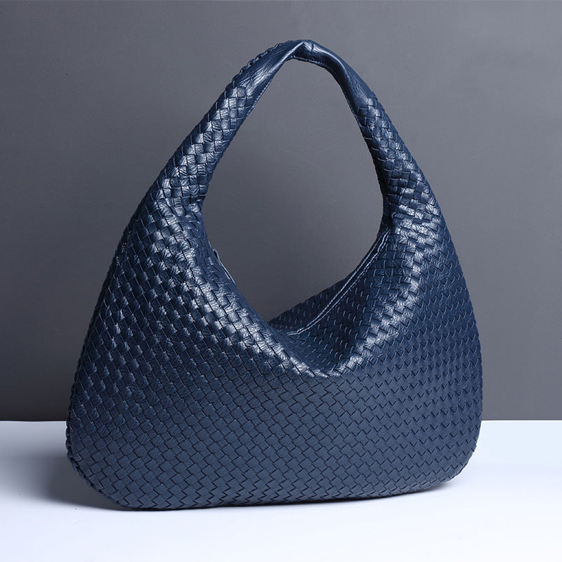 Dark Blue Elegant Woven PU Leather Hobo Bag - Stylish Large-Capacity Shoulder Handbag for Women Main image