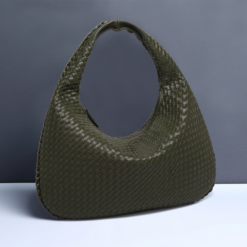 Army Green Elegant Woven PU Leather Hobo Bag - Stylish Large-Capacity Shoulder Handbag for Women Main image