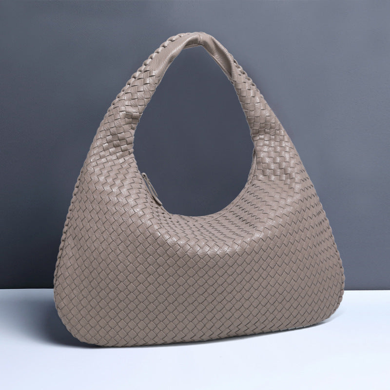 Light Gray Elegant Woven PU Leather Hobo Bag - Stylish Large-Capacity Shoulder Handbag for Women Main image