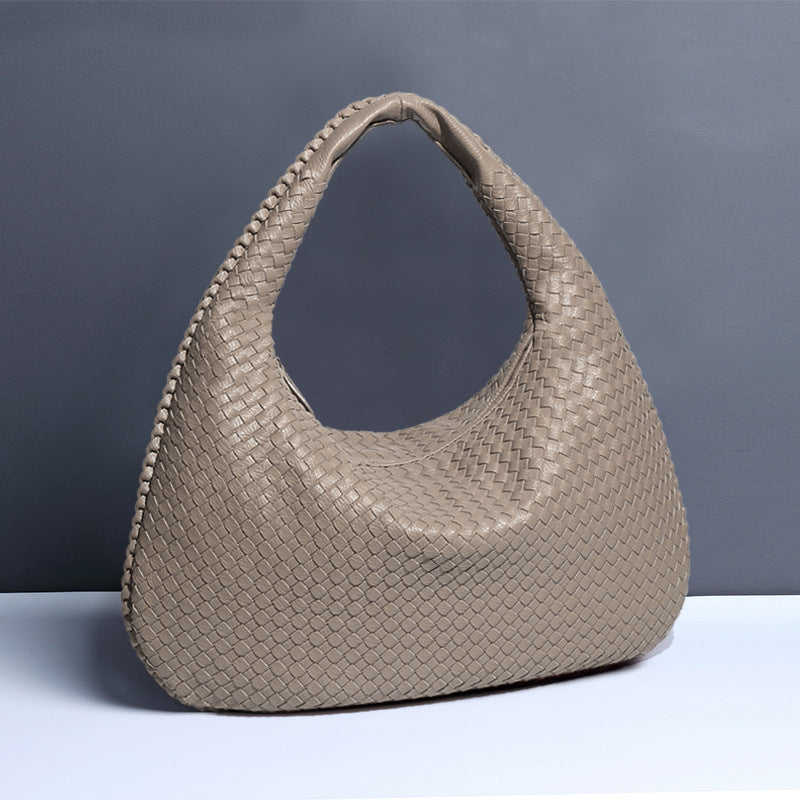 Beige-gray Elegant Woven PU Leather Hobo Bag - Stylish Large-Capacity Shoulder Handbag for Women Main image