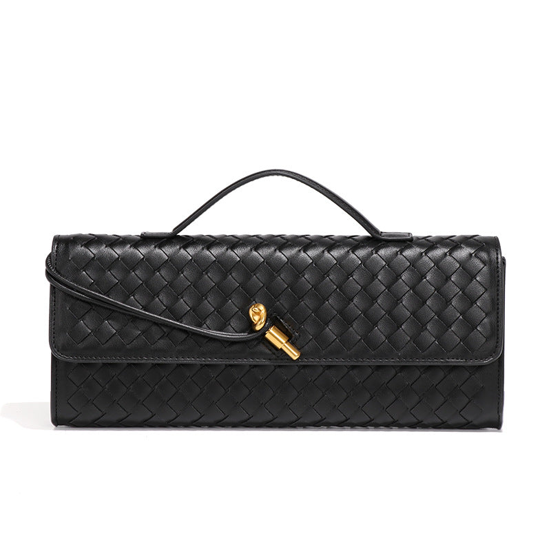 Black Luxury Woven PU Leather Clutch - Elegant Women's Evening Baguette Bag with Adjustable Shoulder Strap Main image