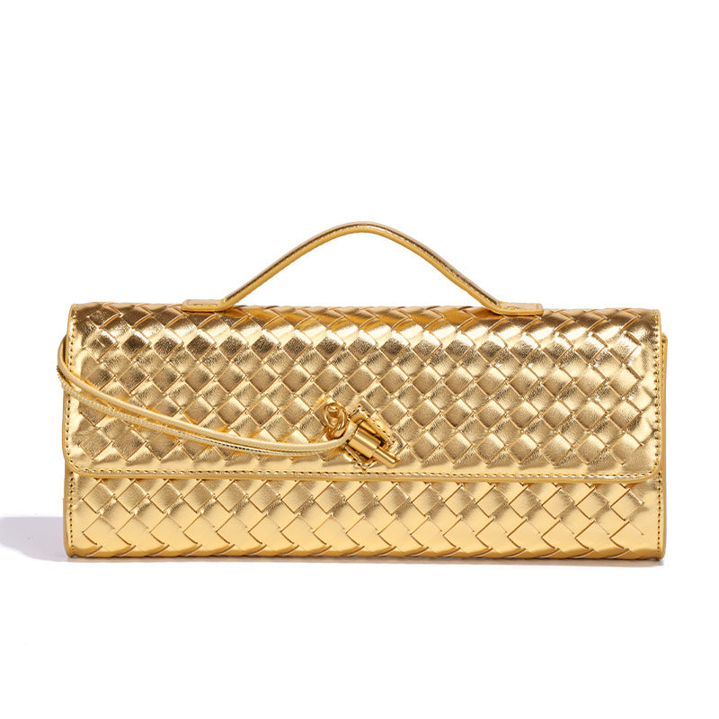 Gold Luxury Woven PU Leather Clutch - Elegant Women's Evening Baguette Bag with Adjustable Shoulder Strap Main image