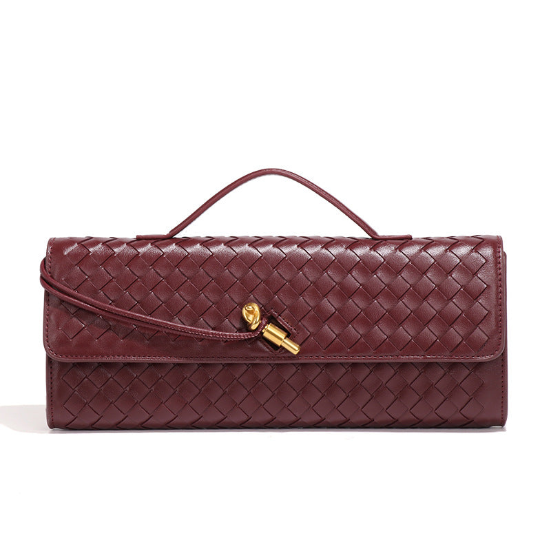 Wine Red Luxury Woven PU Leather Clutch - Elegant Women's Evening Baguette Bag with Adjustable Shoulder Strap Main image