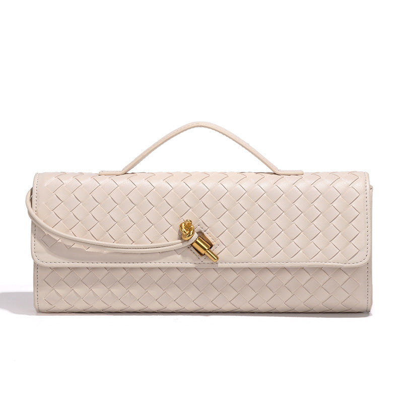 Off White Luxury Woven PU Leather Clutch - Elegant Women's Evening Baguette Bag with Adjustable Shoulder Strap Main image