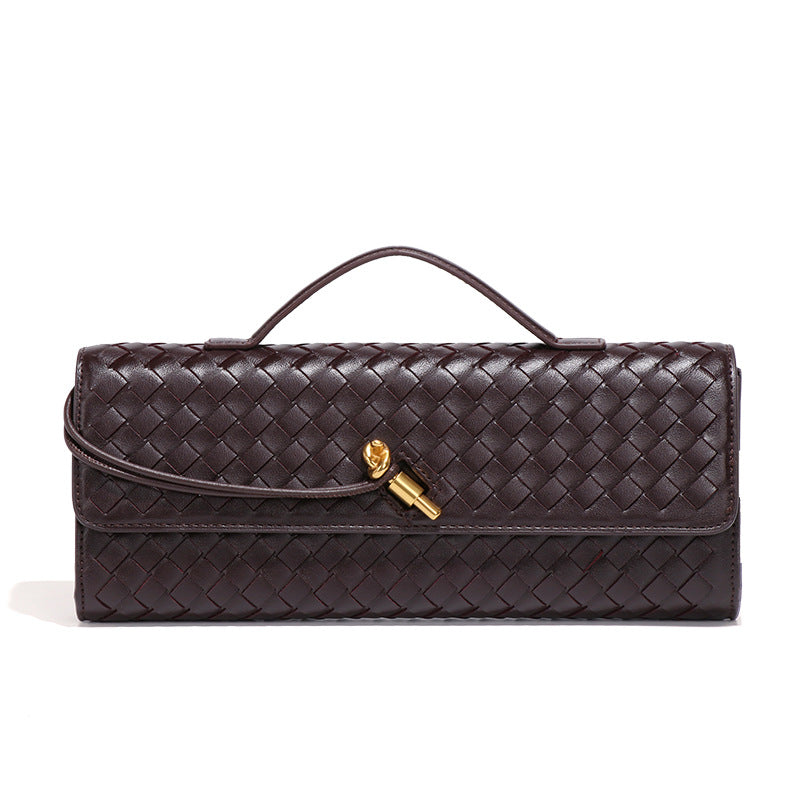 Chocolate Luxury Woven PU Leather Clutch - Elegant Women's Evening Baguette Bag with Adjustable Shoulder Strap Main image