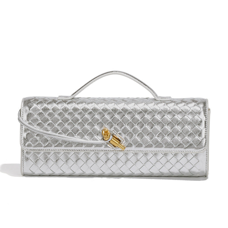 Silver Luxury Woven PU Leather Clutch - Elegant Women's Evening Baguette Bag with Adjustable Shoulder Strap Main image