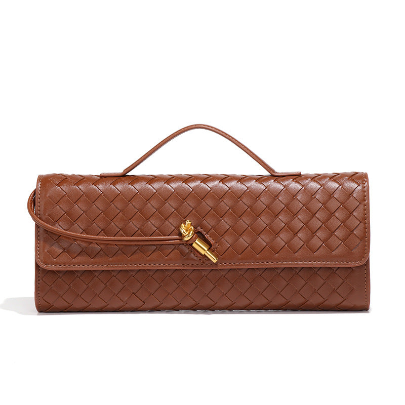 Brown Luxury Woven PU Leather Clutch - Elegant Women's Evening Baguette Bag with Adjustable Shoulder Strap Main image