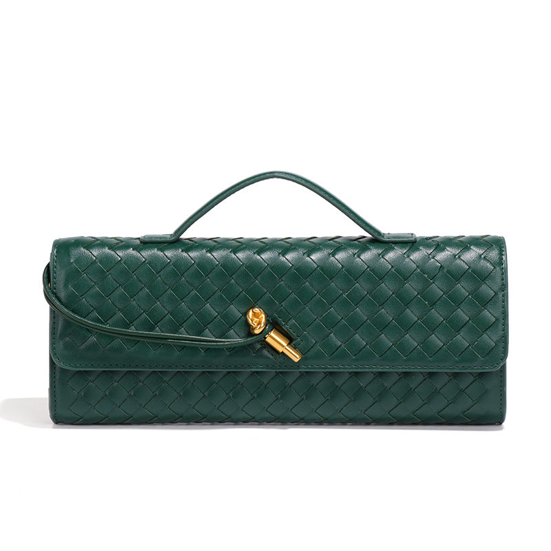 Deep Green Luxury Woven PU Leather Clutch - Elegant Women's Evening Baguette Bag with Adjustable Shoulder Strap Main image