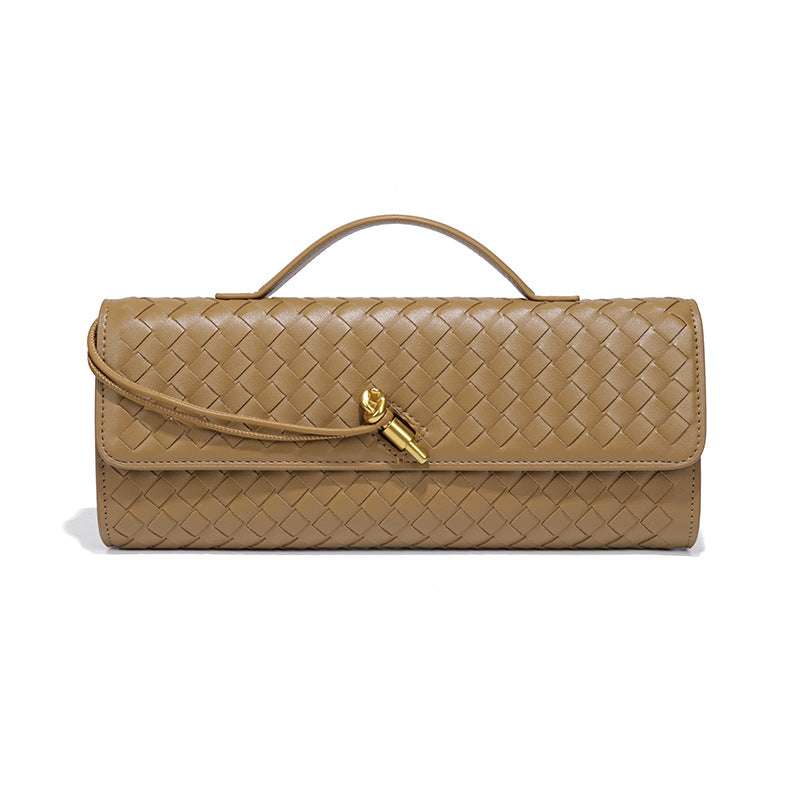 Khaki Luxury Woven PU Leather Clutch - Elegant Women's Evening Baguette Bag with Adjustable Shoulder Strap Main image