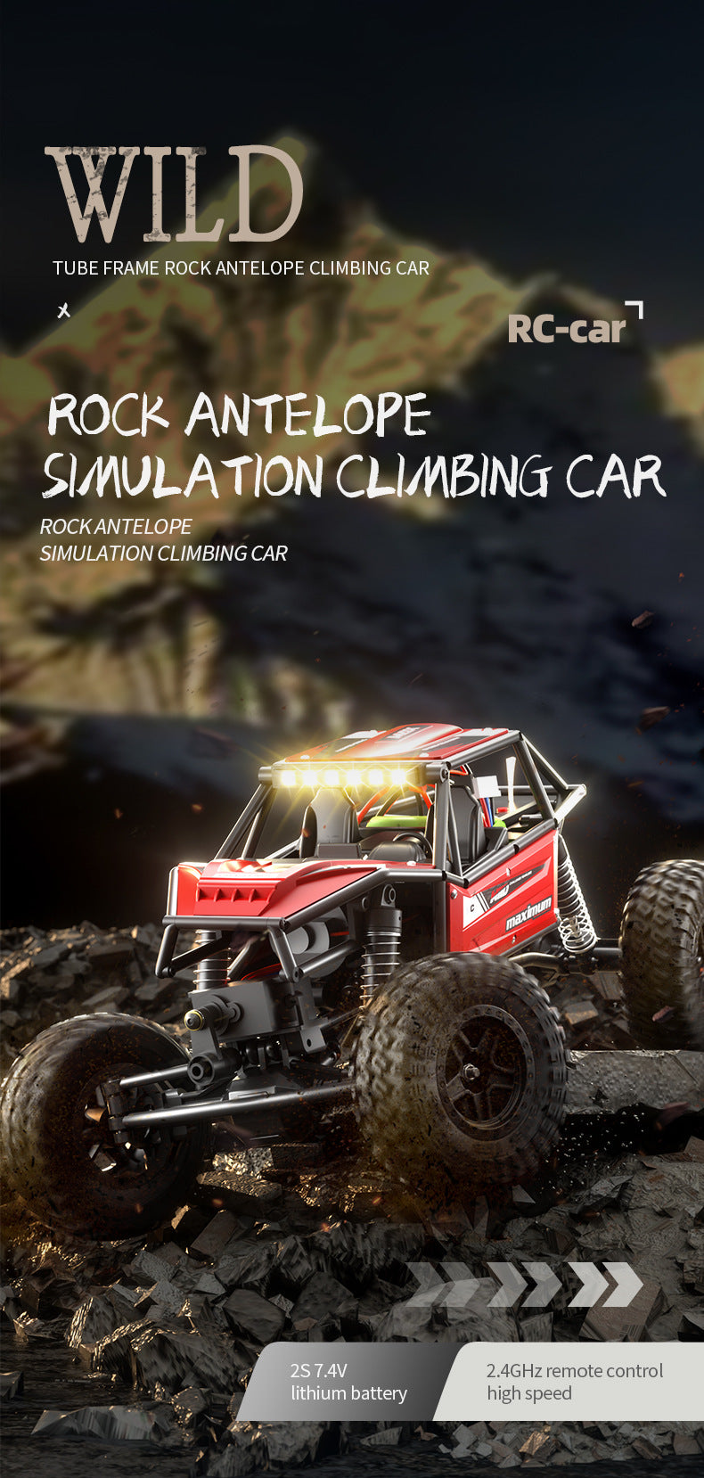 Rock Antelope RC Car - 2.4GHz Simulation Off-Road Climbing Vehicle with Rechargeable Battery (Red) Secondary image