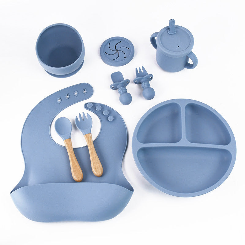 Blue 8-Piece Silicone Children's Tableware Set - BPA-Free Baby Feeding Utensils with Wooden Fork and Spoon, Cup, Bowl, and Bibs Main image