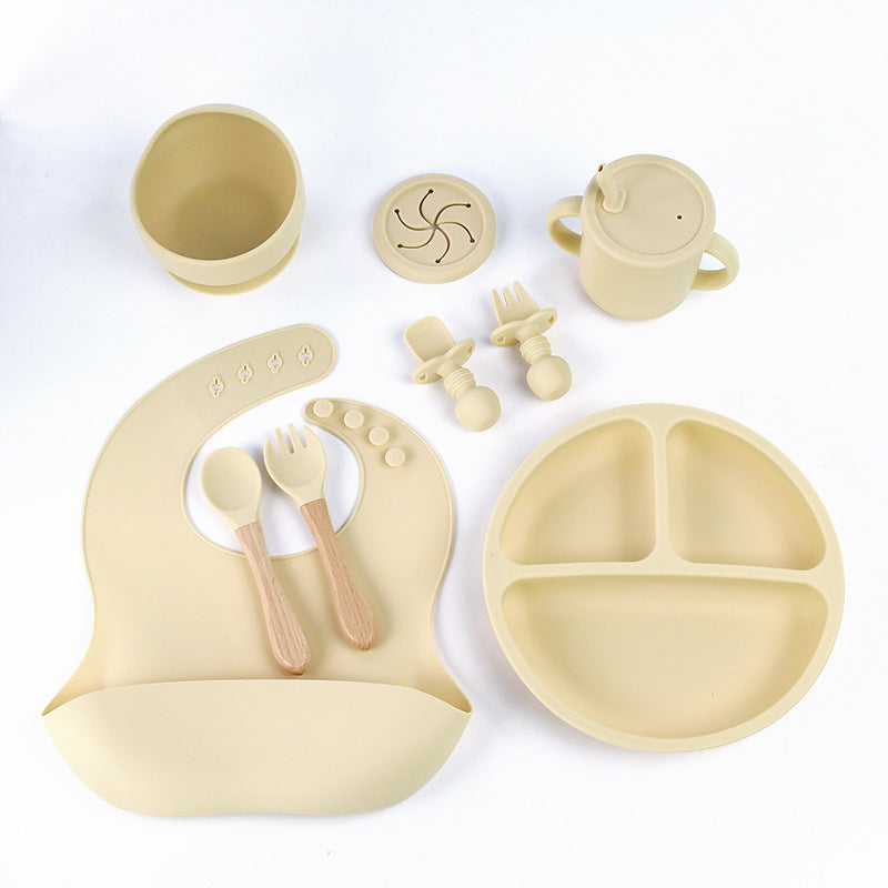 Off-white 8-Piece Silicone Children's Tableware Set - BPA-Free Baby Feeding Utensils with Wooden Fork and Spoon, Cup, Bowl, and Bibs Main image