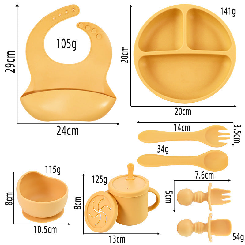 Off-white 8-Piece Silicone Children's Tableware Set - BPA-Free Baby Feeding Utensils with Wooden Fork and Spoon, Cup, Bowl, and Bibs Secondary image
