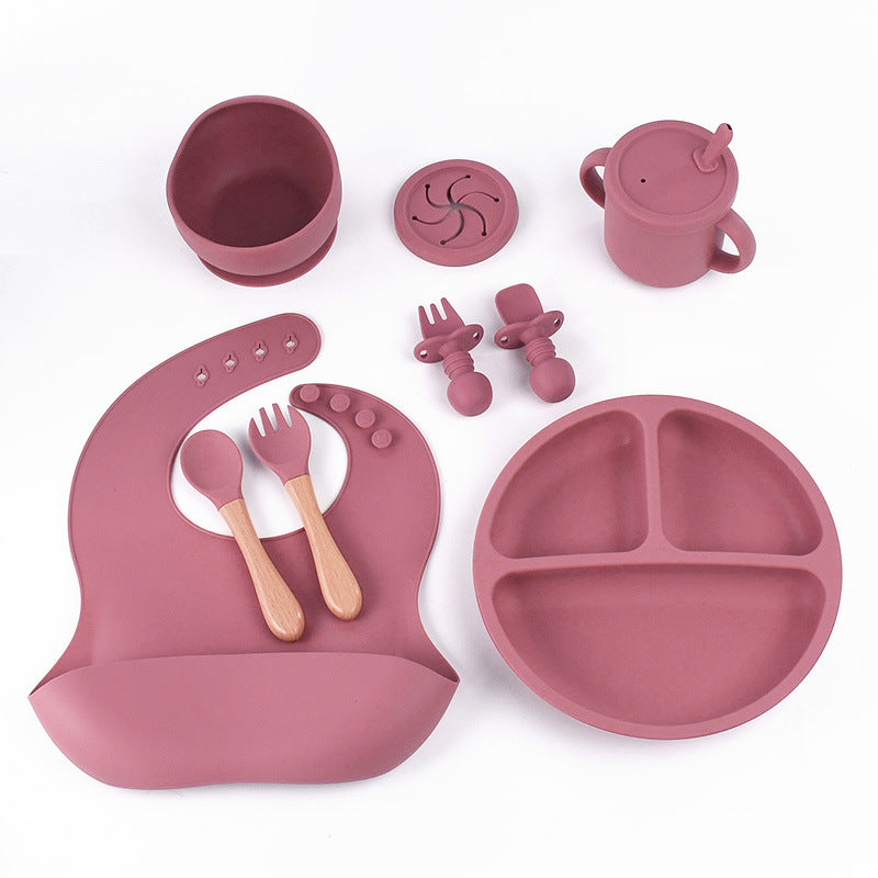 Rose Red 8-Piece Silicone Children's Tableware Set - BPA-Free Baby Feeding Utensils with Wooden Fork and Spoon, Cup, Bowl, and Bibs Main image