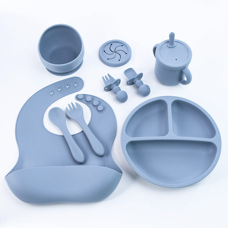 Blue 8-Piece Silicone Children's Tableware Set - BPA-Free Baby Feeding Utensils with Fork, Spoon, Cup, Bowl, and Bibs Main image