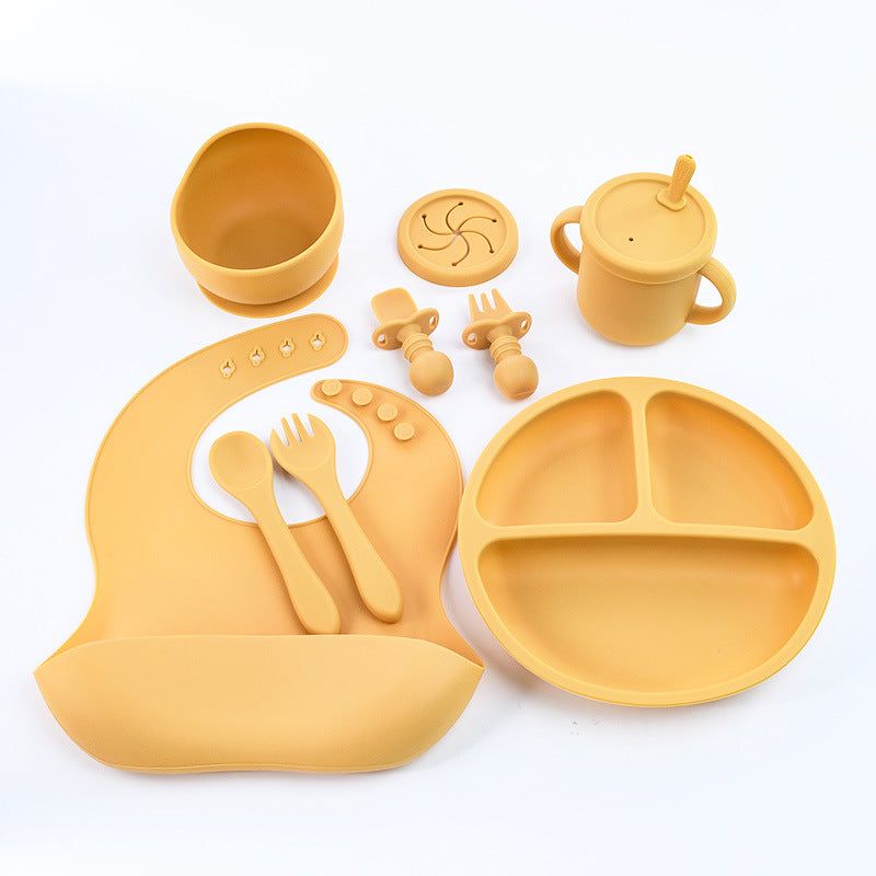 Yellow 8-Piece Silicone Children's Tableware Set - BPA-Free Baby Feeding Utensils with Fork, Spoon, Cup, Bowl, and Bibs Main image