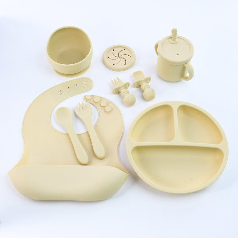 Off-white 8-Piece Silicone Children's Tableware Set - BPA-Free Baby Feeding Utensils with Fork, Spoon, Cup, Bowl, and Bibs Main image