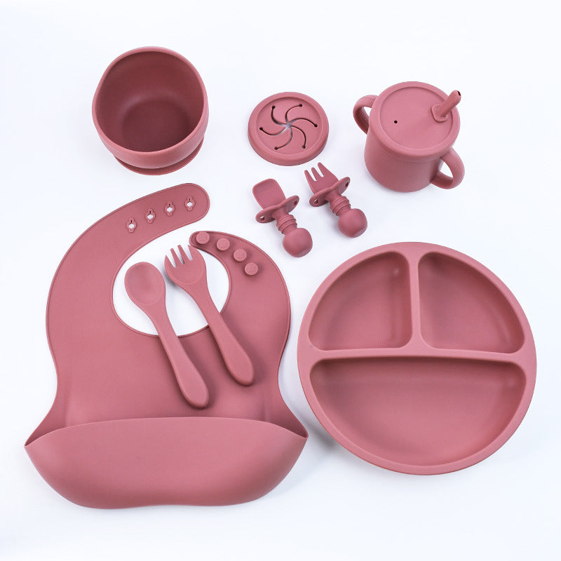Rose Red 8-Piece Silicone Children's Tableware Set - BPA-Free Baby Feeding Utensils with Fork, Spoon, Cup, Bowl, and Bibs Main image