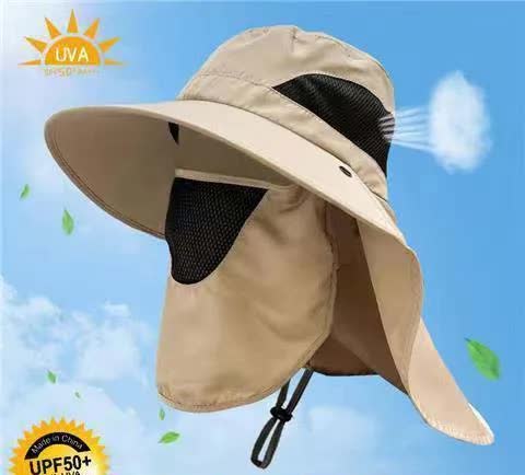 khaki Outdoor UV Protection Hat for Men - Detachable Face & Neck Shield, Large Brim Sun Hat for Fishing, Hiking, and Outdoor Activities Main image