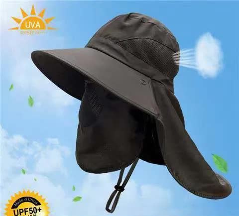 Black Outdoor UV Protection Hat for Men - Detachable Face & Neck Shield, Large Brim Sun Hat for Fishing, Hiking, and Outdoor Activities Main image