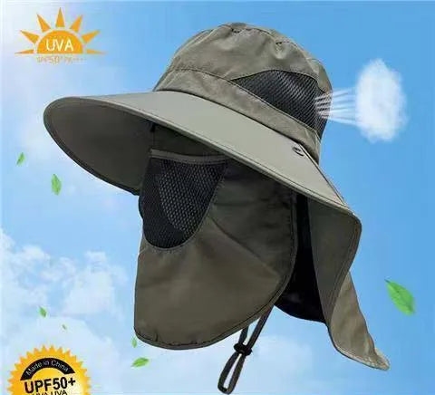 Military Green Outdoor UV Protection Hat for Men - Detachable Face & Neck Shield, Large Brim Sun Hat for Fishing, Hiking, and Outdoor Activities Main image