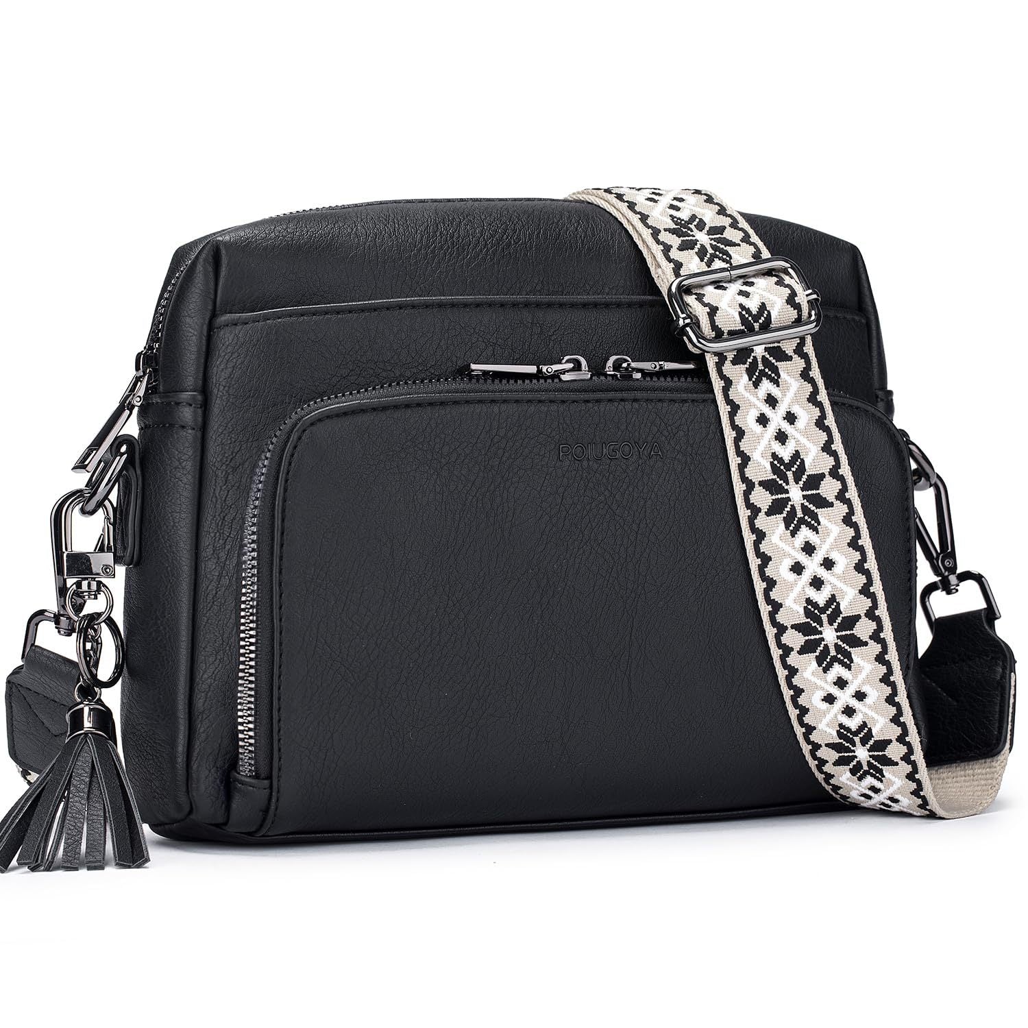 Black Vintage Multi-Zip Crossbody Bag with Card Slots and Adjustable Strap, Minimalist Solid Color Shoulder Bag Main image