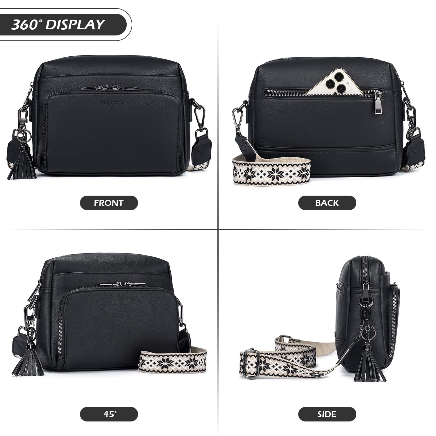 Black Vintage Multi-Zip Crossbody Bag with Card Slots and Adjustable Strap, Minimalist Solid Color Shoulder Bag Secondary image