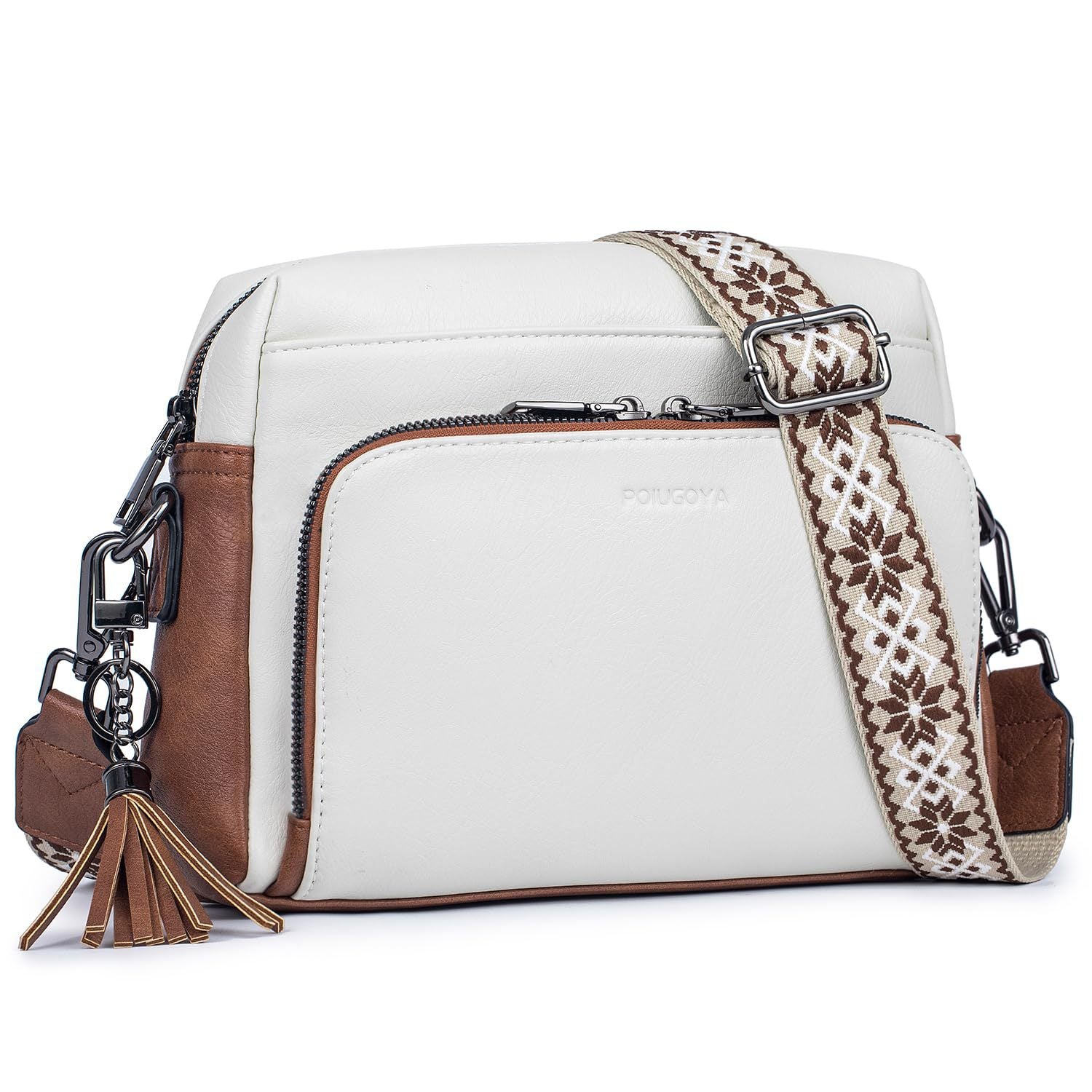 White Vintage Multi-Zip Crossbody Bag with Card Slots and Adjustable Strap, Minimalist Solid Color Shoulder Bag Main image