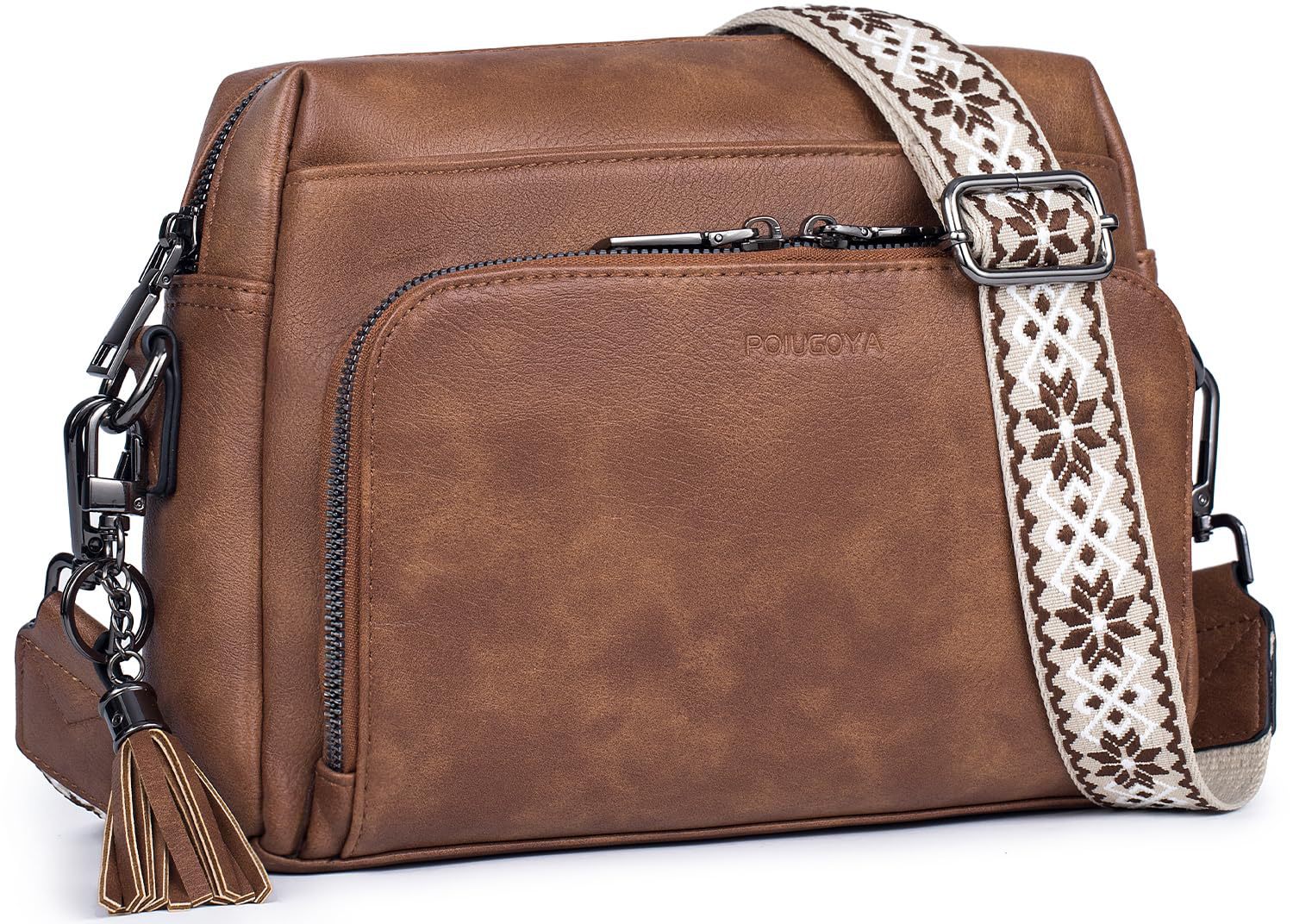 Brown Vintage Multi-Zip Crossbody Bag with Card Slots and Adjustable Strap, Minimalist Solid Color Shoulder Bag Main image