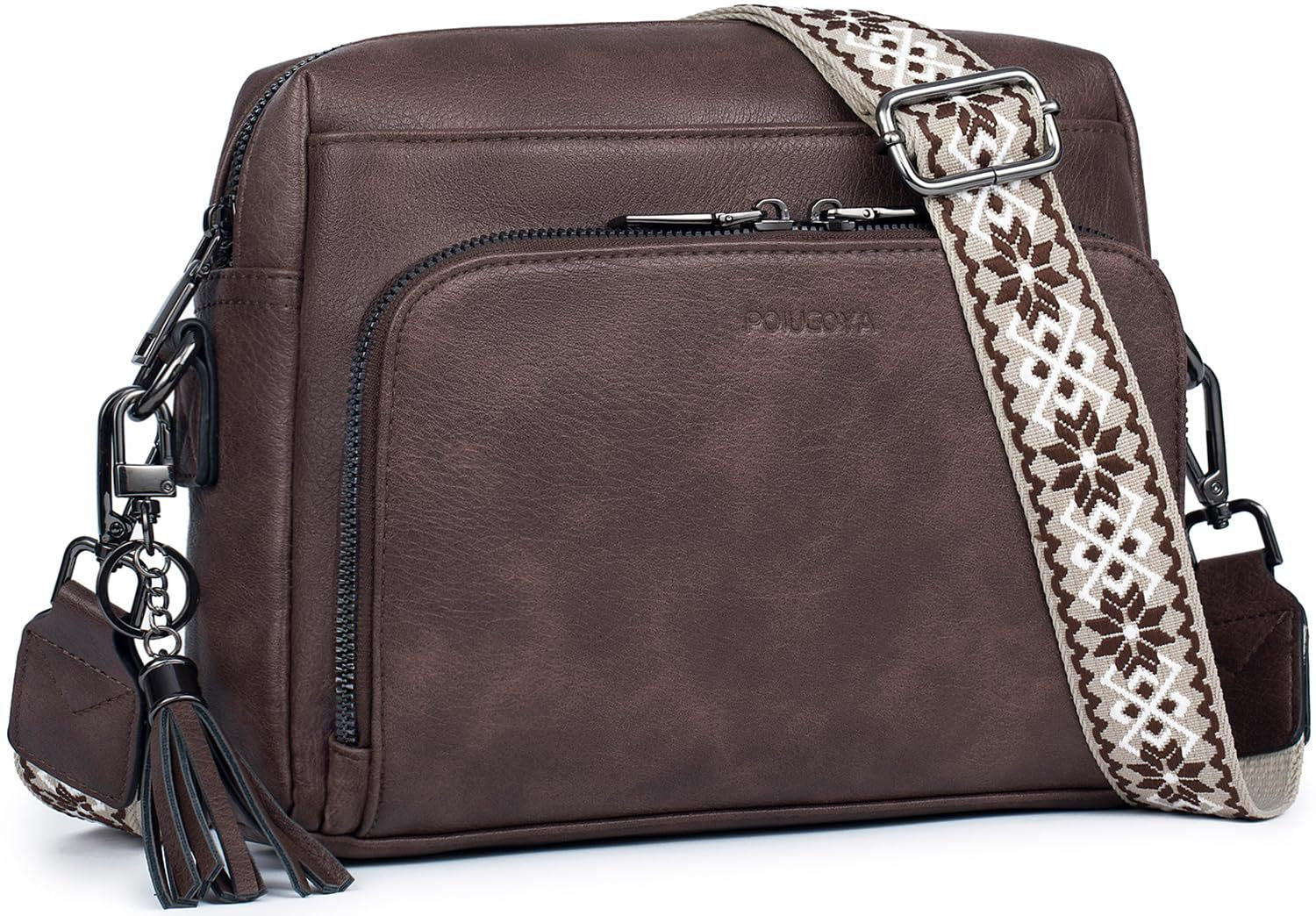 Dark Brown Vintage Multi-Zip Crossbody Bag with Card Slots and Adjustable Strap, Minimalist Solid Color Shoulder Bag Main image
