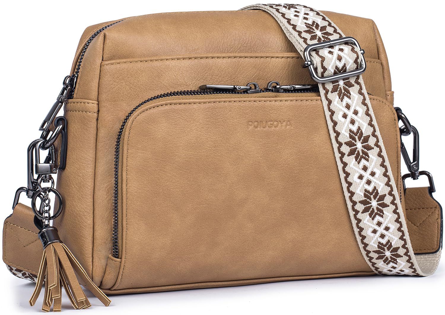 Light Tan Vintage Multi-Zip Crossbody Bag with Card Slots and Adjustable Strap, Minimalist Solid Color Shoulder Bag Main image