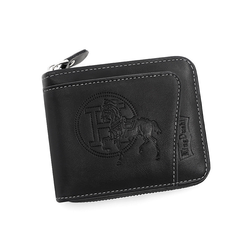Black Men's Leather Wallet with Zipper and Horse Embossed Design -  Compact and Stylish Main image
