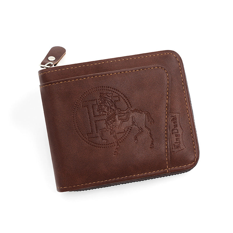 Dark Brown Men's Leather Wallet with Zipper and Horse Embossed Design -  Compact and Stylish Main image