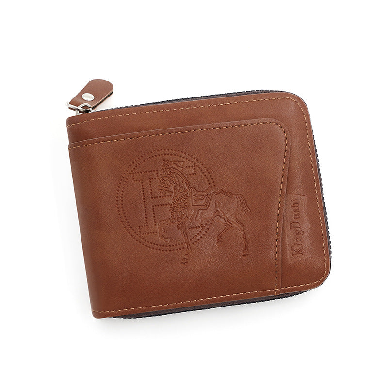 Brown Men's Leather Wallet with Zipper and Horse Embossed Design -  Compact and Stylish Main image