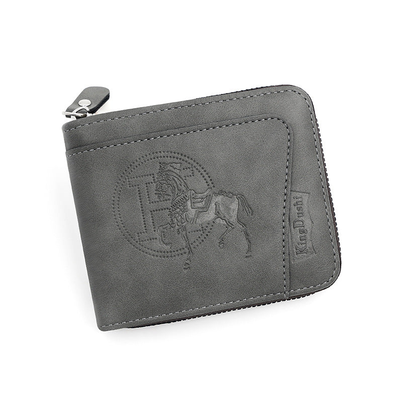 Grey Men's Leather Wallet with Zipper and Horse Embossed Design -  Compact and Stylish Main image