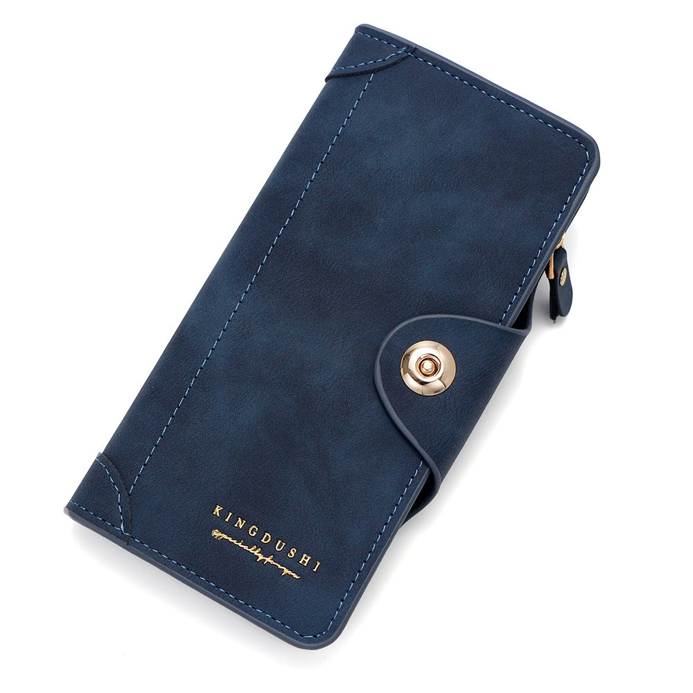 Blue Women's Long Zipper Wallet with Button Closure - PU Leather Multi-Compartment Clutch Purse Main image